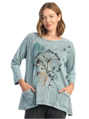 Jess & Jane Teal Whimsical Mineral Washed Cotton Slub Patch Pockets Tunic Top XL
